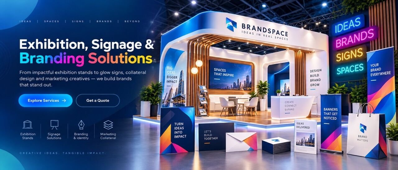 Exhibition stall, neon signs, standees, bags and print collateral for branding solutions