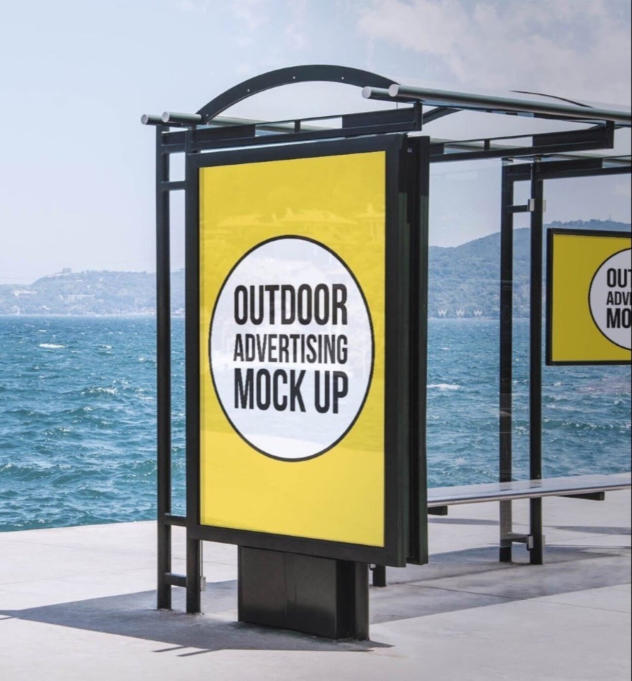 Bus-shelter advertising panel on a street