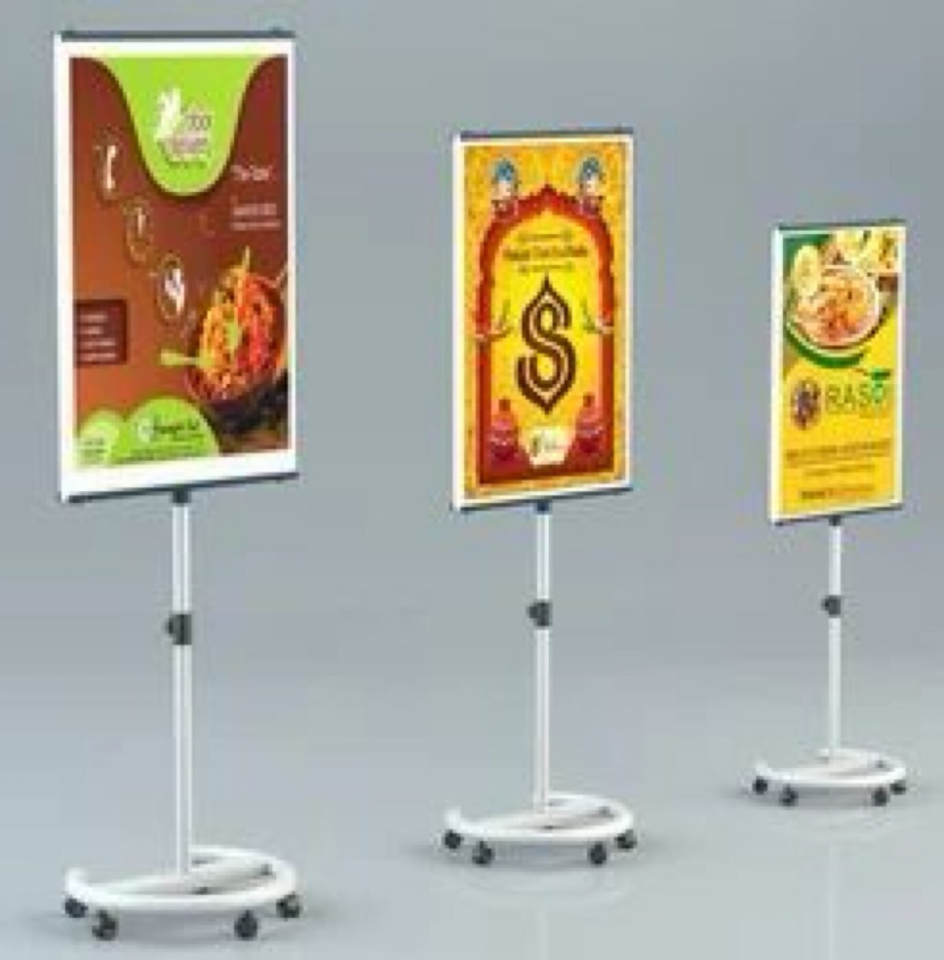 Height-adjustable poster stands on wheels
