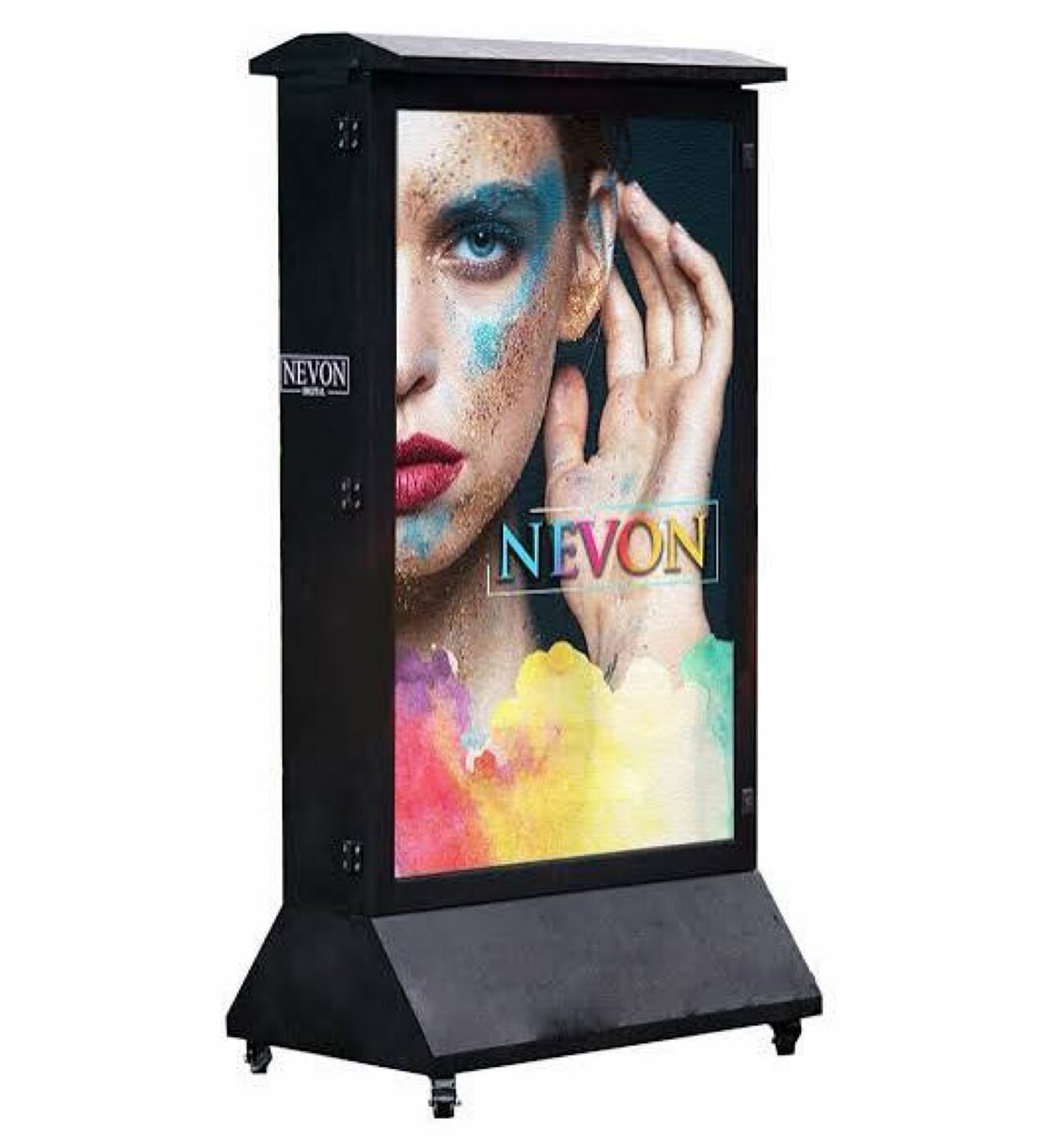 Backlit scrolling standee on a wheeled base