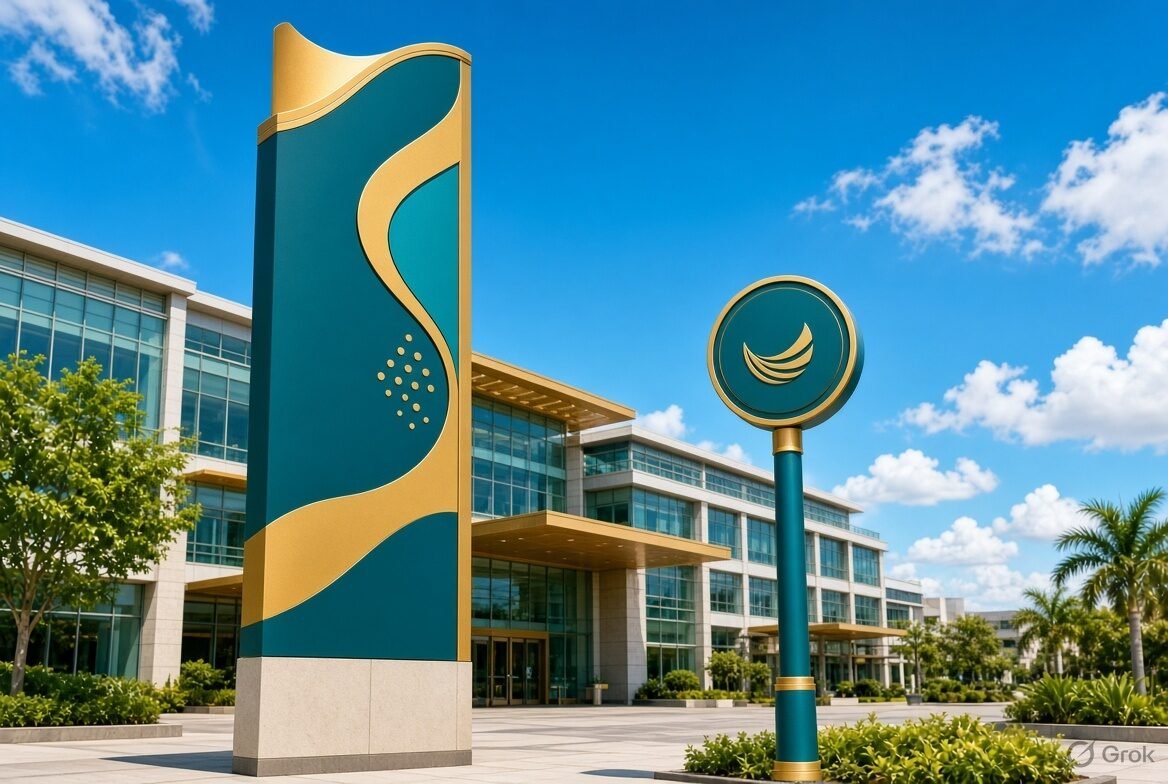 Pylon and lollipop signage at a campus or complex gate