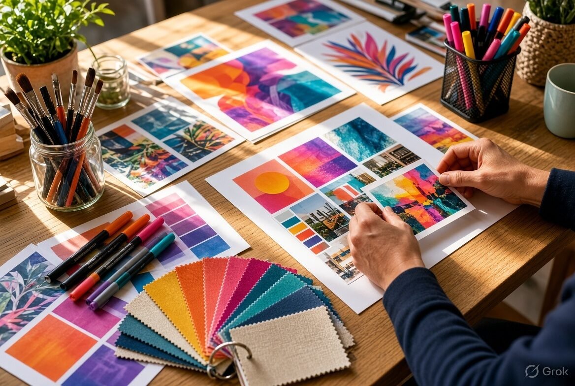 Creative studio desk with campaign artwork and print proofs